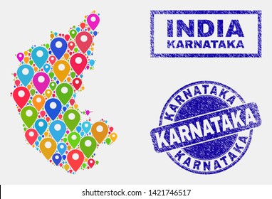 Vector bright mosaic Karnataka State map and grunge watermarks. Abstract Karnataka State map is composed from scattered bright site pointers. Watermarks are blue, with rectangle and rounded shapes.