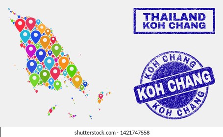 Vector bright mosaic Koh Chang map and grunge watermarks. Flat Koh Chang map is created from scattered bright map pins. Watermarks are blue, with rectangle and round shapes.