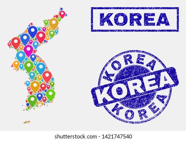 Vector bright mosaic Korea map and grunge stamps. Abstract Korea map is formed from random bright map icons. Stamps are blue, with rectangle and round shapes. Abstraction for tourist purposes.