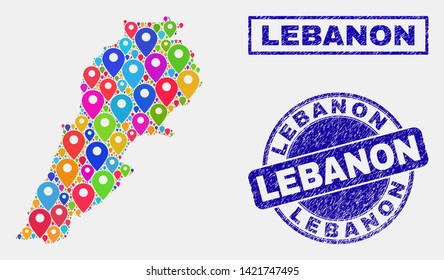 Vector bright mosaic Lebanon map and grunge watermarks. Abstract Lebanon map is composed from randomized bright geo markers. Watermarks are blue, with rectangle and rounded shapes.