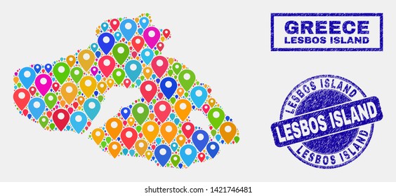 Vector bright mosaic Lesbos Island map and grunge stamp seals. Abstract Lesbos Island map is formed from scattered colorful geo pins. Stamp seals are blue, with rectangle and round shapes.