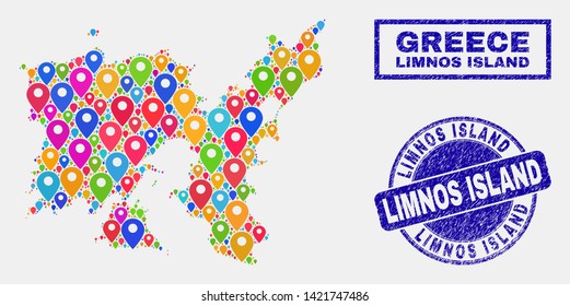 Vector bright mosaic Limnos Island map and grunge stamps. Abstract Limnos Island map is formed from scattered bright geo symbols. Stamps are blue, with rectangle and rounded shapes.