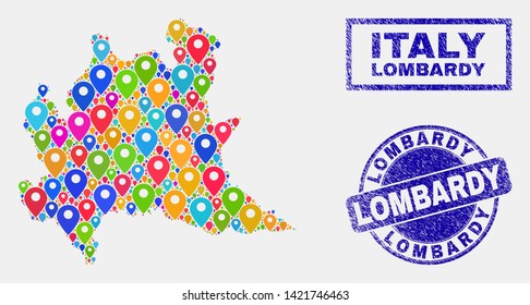 Vector bright mosaic Lombardy region map and grunge stamps. Flat Lombardy region map is created from scattered bright site pins. Stamps are blue, with rectangle and rounded shapes.
