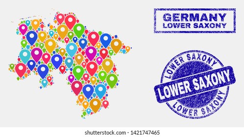 Vector bright mosaic Lower Saxony Land map and grunge stamps. Flat Lower Saxony Land map is formed from scattered bright geo markers. Stamps are blue, with rectangle and round shapes.