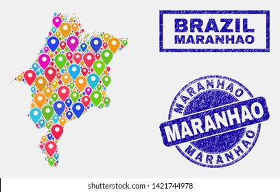 Vector bright mosaic Maranhao State map and grunge seals. Abstract Maranhao State map is designed from randomized bright site pins. Stamp seals are blue, with rectangle and round shapes.