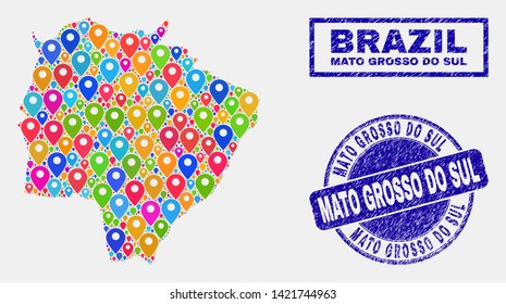 Vector bright mosaic Mato Grosso do Sul State map and grunge seals. Abstract Mato Grosso do Sul State map is designed from scattered bright map pointers. Stamp seals are blue,