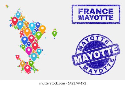 Vector bright mosaic Mayotte Islands map and grunge stamp seals. Flat Mayotte Islands map is formed from scattered bright site symbols. Stamp seals are blue, with rectangle and rounded shapes.