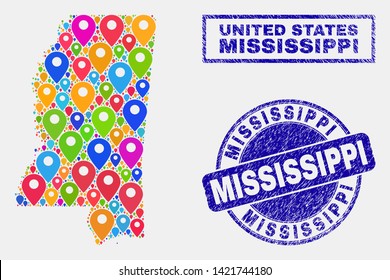 Vector bright mosaic Mississippi State map and grunge stamps. Abstract Mississippi State map is designed from random bright navigation markers. Stamps are blue, with rectangle and rounded shapes.
