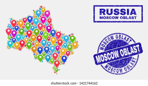 Vector bright mosaic Moscow Region map and grunge seals. Flat Moscow Region map is composed from scattered bright geo locations. Stamp seals are blue, with rectangle and round shapes.