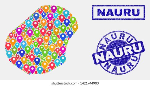 Vector bright mosaic Nauru map and grunge watermarks. Flat Nauru map is composed from randomized bright geo pointers. Watermarks are blue, with rectangle and round shapes.