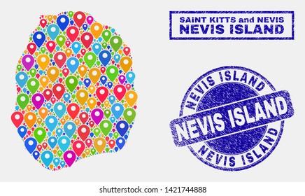 Vector bright mosaic Nevis Island map and grunge watermarks. Flat Nevis Island map is formed from random bright site positions. Watermarks are blue, with rectangle and round shapes.