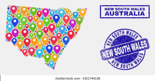 Vector bright mosaic New South Wales map and grunge stamp seals. Flat New South Wales map is composed from random bright geo icons. Stamp seals are blue, with rectangle and rounded shapes.