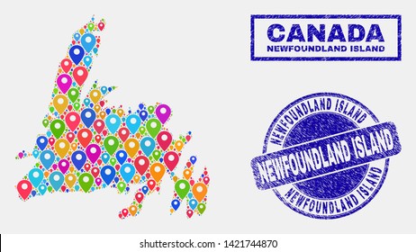 Vector bright mosaic Newfoundland Island map and grunge stamp seals. Abstract Newfoundland Island map is formed from randomized bright map icons. Stamp seals are blue, with rectangle and round shapes.