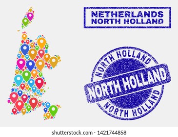Vector bright mosaic North Holland map and grunge watermarks. Abstract North Holland map is created from randomized bright map locations. Stamp seals are blue, with rectangle and rounded shapes.