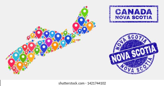 Vector bright mosaic Nova Scotia Province map and grunge stamp seals. Flat Nova Scotia Province map is formed from scattered bright site locations. Stamp seals are blue,