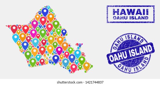 Vector bright mosaic Oahu Island map and grunge watermarks. Abstract Oahu Island map is designed from scattered bright site pointers. Watermarks are blue, with rectangle and round shapes.