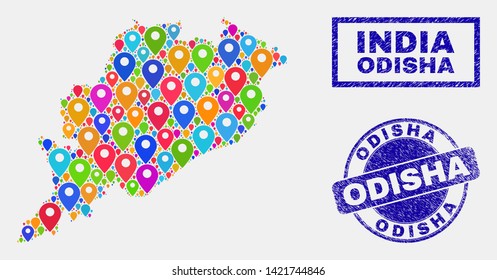 Vector bright mosaic Odisha State map and grunge seals. Flat Odisha State map is designed from randomized bright geo markers. Stamp seals are blue, with rectangle and round shapes.