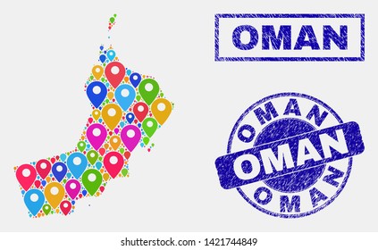 Vector bright mosaic Oman map and grunge stamp seals. Abstract Oman map is created from random bright geo pointers. Stamp seals are blue, with rectangle and round shapes. Concept for tourist posters.