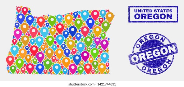 Vector bright mosaic Oregon State map and grunge stamps. Abstract Oregon State map is composed from scattered bright site pins. Stamps are blue, with rectangle and rounded shapes.