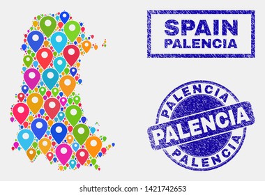 Vector bright mosaic Palencia Province map and grunge watermarks. Flat Palencia Province map is designed from randomized bright geo markers. Watermarks are blue, with rectangle and round shapes.