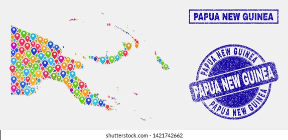 Vector bright mosaic Papua New Guinea map and grunge stamp seals. Abstract Papua New Guinea map is designed from scattered colorful map pins. Stamp seals are blue, with rectangle and rounded shapes.