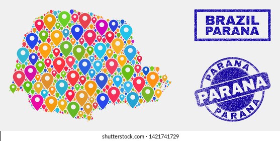 Vector bright mosaic Parana State map and grunge seals. Flat Parana State map is created from random bright map markers. Stamp seals are blue, with rectangle and round shapes.