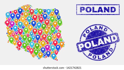 Vector bright mosaic Poland map and grunge watermarks. Abstract Poland map is composed from random bright navigation symbols. Seals are blue, with rectangle and rounded shapes.