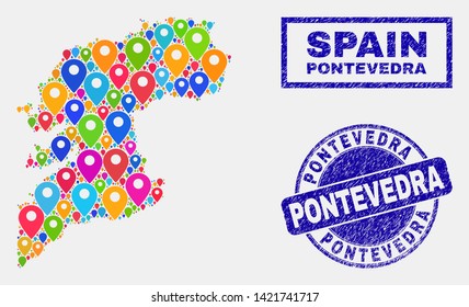 Vector bright mosaic Pontevedra Province map and grunge seals. Flat Pontevedra Province map is formed from scattered bright site locations. Stamp seals are blue, with rectangle and rounded shapes.
