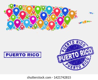 Vector bright mosaic Puerto Rico map and grunge watermarks. Abstract Puerto Rico map is formed from random colorful map icons. Watermarks are blue, with rectangle and rounded shapes.