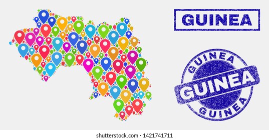 Vector bright mosaic Republic of Guinea map and grunge stamp seals. Abstract Republic of Guinea map is formed from randomized bright map pointers. Seals are blue, with rectangle and round shapes.