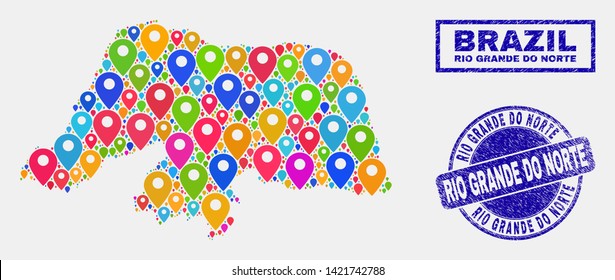 Vector bright mosaic Rio Grande do Norte State map and grunge stamps. Abstract Rio Grande do Norte State map is created from scattered bright map markers. Seals are blue,