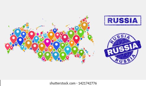 Vector bright mosaic Russia map and grunge watermarks. Flat Russia map is created from scattered bright navigation markers. Watermarks are blue, with rectangle and rounded shapes.