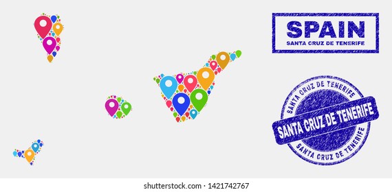 Vector bright mosaic Santa Cruz de Tenerife Province map and grunge seals. Abstract Santa Cruz de Tenerife Province map is designed from scattered bright navigation markers. Seals are blue,