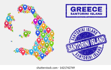 Vector bright mosaic Santorini Island map and grunge stamp seals. Abstract Santorini Island map is created from scattered bright map icons. Stamp seals are blue, with rectangle and round shapes.