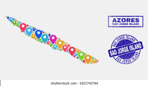 Vector bright mosaic Sao Jorge Island map and grunge seals. Abstract Sao Jorge Island map is formed from random bright geo symbols. Seals are blue, with rectangle and rounded shapes.