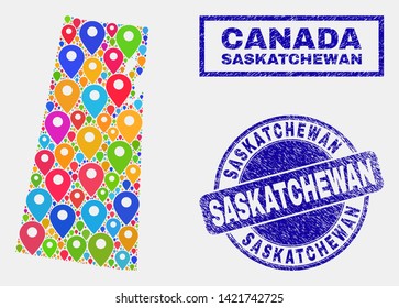 Vector bright mosaic Saskatchewan Province map and grunge stamp seals. Abstract Saskatchewan Province map is formed from randomized bright navigation icons. Seals are blue,