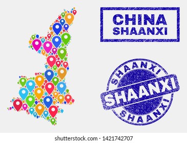 Vector bright mosaic Shaanxi Province map and grunge seals. Abstract Shaanxi Province map is designed from scattered bright map positions. Seals are blue, with rectangle and rounded shapes.