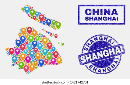 Vector bright mosaic Shanghai City map and grunge watermarks. Flat Shanghai City map is designed from scattered bright site symbols. Watermarks are blue, with rectangle and rounded shapes.