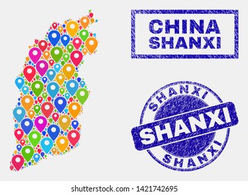 Vector bright mosaic Shanxi Province map and grunge seals. Flat Shanxi Province map is composed from random bright geo positions. Seals are blue, with rectangle and rounded shapes.