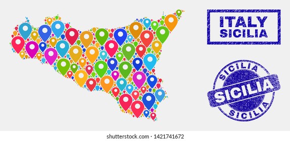Vector bright mosaic Sicilia map and grunge stamp seals. Flat Sicilia map is formed from random bright navigation locations. Stamp seals are blue, with rectangle and rounded shapes.