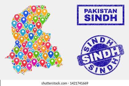 Vector bright mosaic Sindh Province map and grunge stamp seals. Abstract Sindh Province map is designed from randomized colorful site icons. Stamp seals are blue, with rectangle and round shapes.