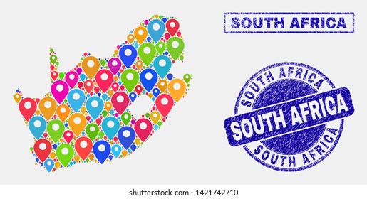 Vector bright mosaic South African Republic map and grunge stamps. Flat South African Republic map is formed from random bright geo markers. Stamps are blue, with rectangle and round shapes.