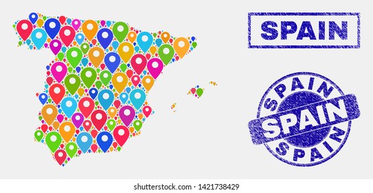 Vector bright mosaic Spain map and grunge stamp seals. Abstract Spain map is created from scattered bright navigation pins. Stamp seals are blue, with rectangle and round shapes.