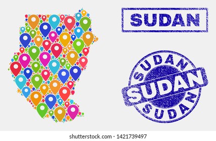 Vector bright mosaic Sudan map and grunge watermarks. Abstract Sudan map is created from randomized bright site pointers. Watermarks are blue, with rectangle and round shapes.