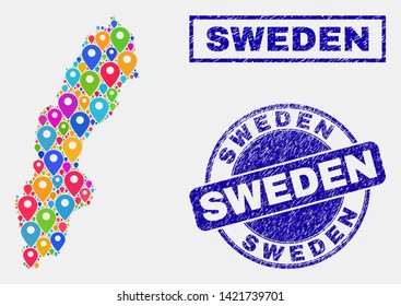 Vector bright mosaic Sweden map and grunge stamp seals. Abstract Sweden map is created from randomized colorful geo symbols. Stamp seals are blue, with rectangle and round shapes.