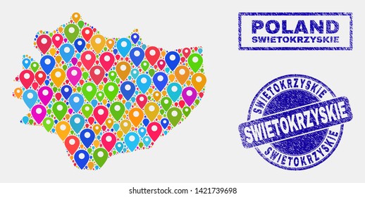 Vector bright mosaic Swietokrzyskie Voivodeship map and grunge stamps. Abstract Swietokrzyskie Voivodeship map is created from random bright map icons. Stamps are blue,
