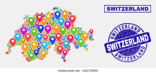 Vector bright mosaic Switzerland map and grunge stamp seals. Abstract Switzerland map is created from randomized bright map locations. Seals are blue, with rectangle and round shapes.