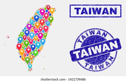 Vector bright mosaic Taiwan map and grunge seals. Abstract Taiwan map is created from randomized bright geo pointers. Stamp seals are blue, with rectangle and rounded shapes.