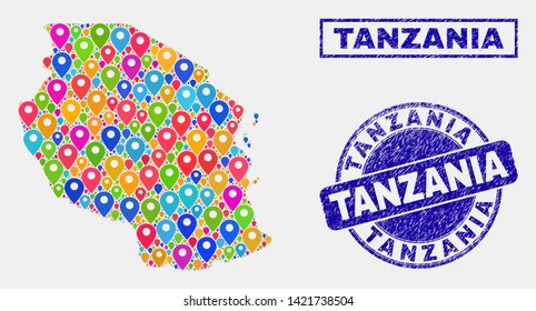 Vector bright mosaic Tanzania map and grunge seals. Flat Tanzania map is formed from scattered bright geo symbols. Stamp seals are blue, with rectangle and round shapes. Concept for tourist posters.