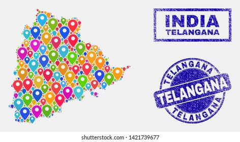 Vector bright mosaic Telangana State map and grunge stamp seals. Abstract Telangana State map is formed from random bright navigation pointers. Seals are blue, with rectangle and rounded shapes.
